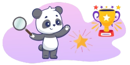 A panda's search for success, represented by a star, leads to a trophy and recognition.