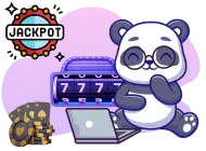 A cartoon panda wearing glasses sits with a laptop, next to a stack of casino chips and playing cards, with a