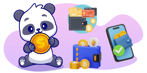 A panda holding a gold coin, surrounded by payment methods like credit cards, crypto wallets, and mobile transactions.