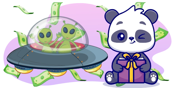 A cartoon panda winks and sits holding a gift with a purple bow, next to a UFO with two green aliens waving, with floating money symbols around, all against a gray and purple background.