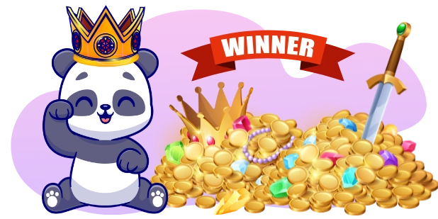 A cartoon illustration of a happy panda wearing a crown, sitting next to a pile of gold coins, jewels, a sword, and the word WINNER on a red banner.
