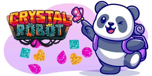 A cartoon illustration of a panda wearing a backpack, reaching out to a butterfly perched on its finger, with the "Crystal Robot" logo and colorful gems in the background.
