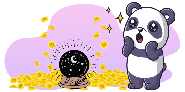 A cartoon panda with a surprised expression stands next to a pile of gold coins and a crystal ball with a moon and stars, all against a gray and purple background.