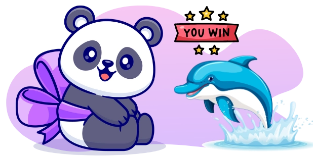 A cartoon image shows a panda bear with a purple bow, sitting next to a jumping blue dolphin with a "YOU WIN" banner and stars above it.