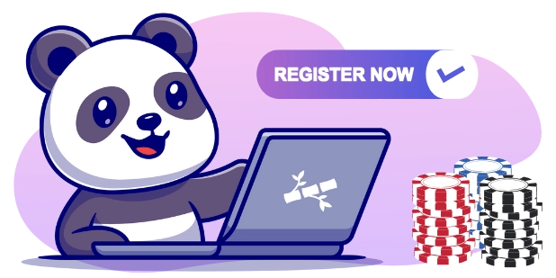 A cartoon panda bear uses a laptop with a bamboo icon, next to a "REGISTER NOW" button with a checkmark and stacks of poker chips.