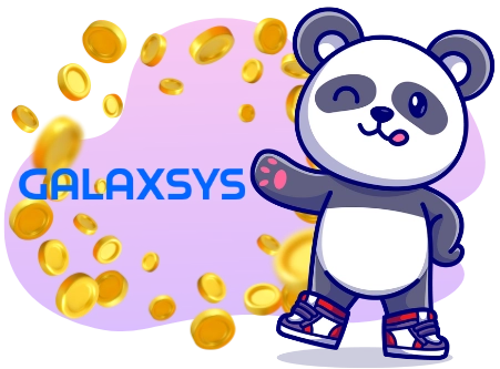 A cartoon panda wearing sneakers stands amidst a shower of gold coins, with the word