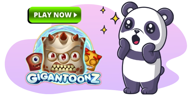 A cartoon panda with a surprised expression stands next to a PLAY NOW button and a GIGANTOONZ logo with cartoon monsters, all against a gray and purple background.