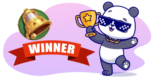 A cartoon panda wearing sunglasses and a gold chain holds up a trophy with a star on it, with a gold bell in a green circle to the left and a red banner with the word "WINNER" below, all against a gray and purple background.