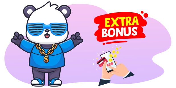 A cartoon illustration of a panda wearing blue sunglasses, a gold chain with a dollar sign pendant, and a blue shirt, standing next to a hand holding a smartphone with a credit card and the text "EXTRA BONUS" in a red speech bubble, all on a purple and gray background.