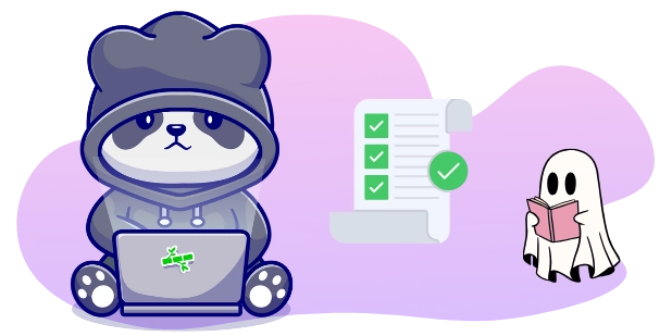 A cartoon panda wearing a hooded jacket works on a laptop, next to a checklist with checkmarks and a ghost reading a book, all against a gray and purple background.