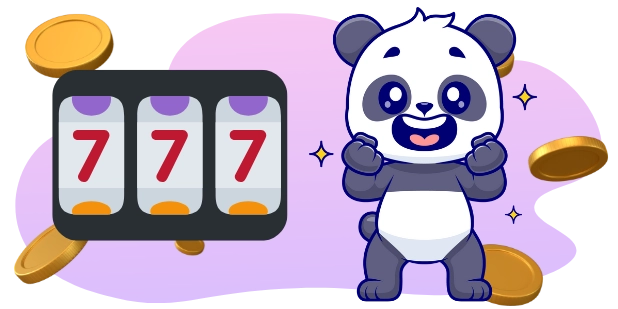 A cartoon panda celebrates a 777 slot machine win with raised fists, surrounded by floating gold coins and sparkles.