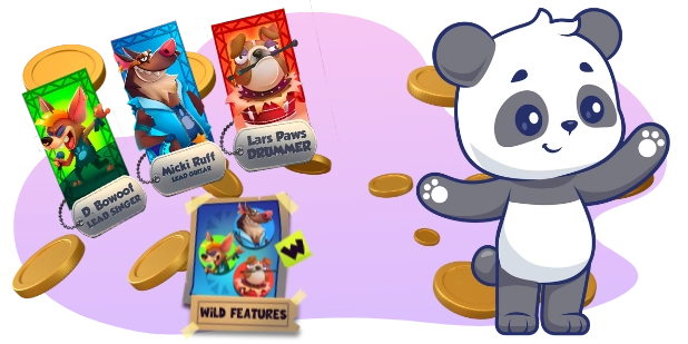A cartoon image shows a panda bear with outstretched arms next to four slot game cards featuring dog characters with titles "D. Bowoof LEAD SINGER", "Micki Ruff LEAD GUITAR", "Lars Paws DRUMMER", and "WILD FEATURES", with gold coins scattered around.