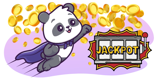 A cartoon panda wearing a purple cape flies towards a slot machine with the word "JACKPOT" displayed, with gold coins raining down, against a gray background with purple swirls.