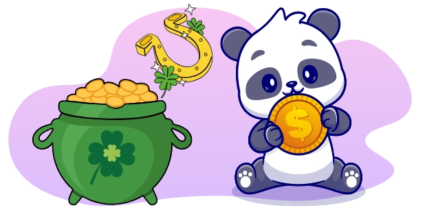 A cartoon panda holds a gold coin, next to a pot of gold and a horseshoe with clovers, all against a gray and purple background.