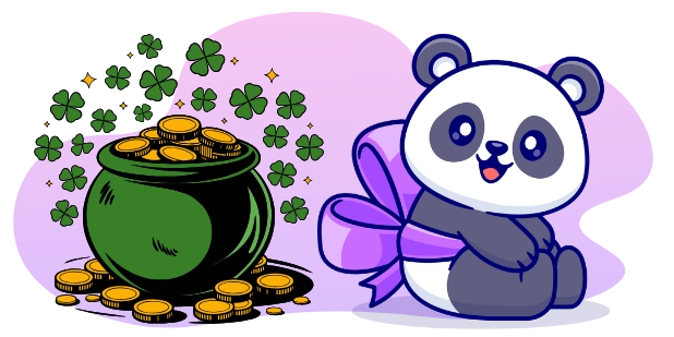 A cartoon panda with a happy expression sits with a purple bow, next to a green pot overflowing with gold coins and surrounded by floating shamrocks, all against a gray and purple background.