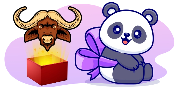 A cartoon panda with a happy expression sits with a purple bow, next to a box emitting light and a wildebeest head with horns, all against a gray and purple background.