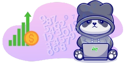 A panda analyzes data on a laptop, shown with a green growth graph and scattered numbers.
