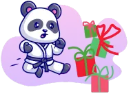 A cartoon panda wearing a judo uniform and black belt leaps towards a group of floating gift boxes with bows on a purple and gray background.