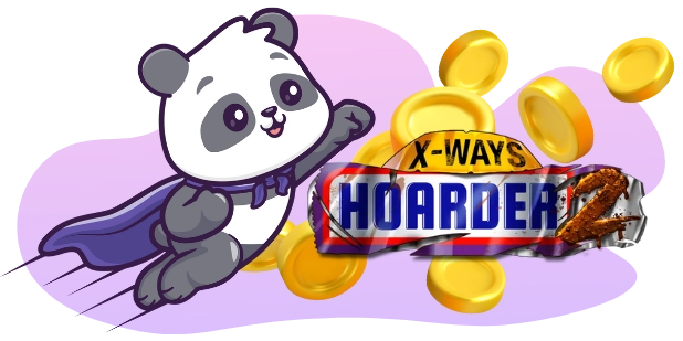 A superhero panda flying through the air collecting gold coins with an X-Ways Hoarder slot game banner.