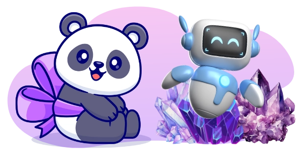 A cartoon illustration of a panda with a purple bow, sitting next to a robot standing on purple crystals, with a gray background.