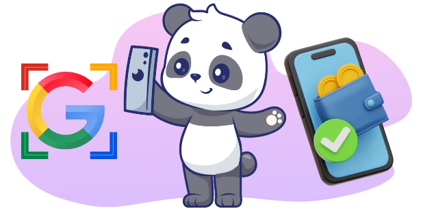A cartoon panda bear holds a smartphone with a camera and a wallet with coins, next to the Google Pay logo.