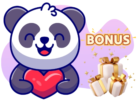 A cartoon panda holds a red heart next to the word