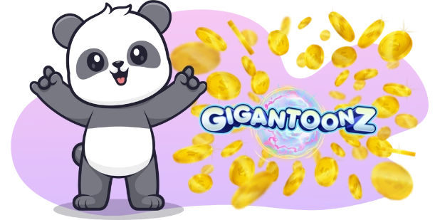 A cartoon panda with a happy expression stands next to a GIGANTOONZ logo and floating gold coins, all against a gray and purple background.