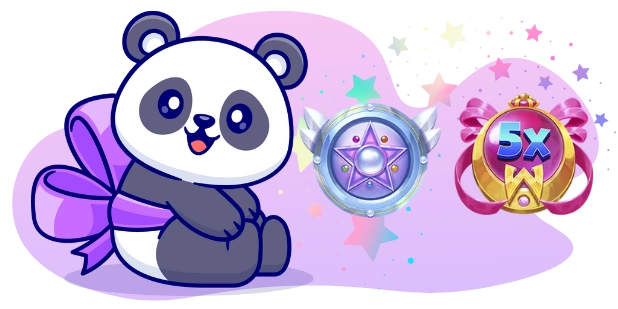 A cartoon panda with a purple bow sits beside two circular emblems, one with a star and wings and the other with a "5x" symbol, against a gray and purple background with scattered stars.