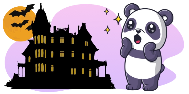 A cartoon panda with a surprised expression stands next to a silhouette of a haunted mansion with a full moon and bats, all against a gray and purple background.