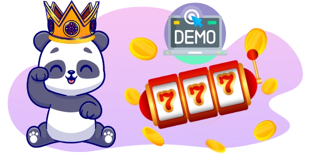 A cartoon panda wearing a crown celebrates a 777 slot machine win with a DEMO screen nearby, surrounded by floating gold coins.