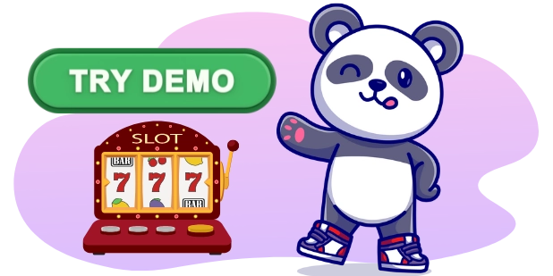 A cartoon panda winks and waves next to a small, red slot machine displaying "777" and a green "TRY DEMO" button, against a gray background with a purple swirl.