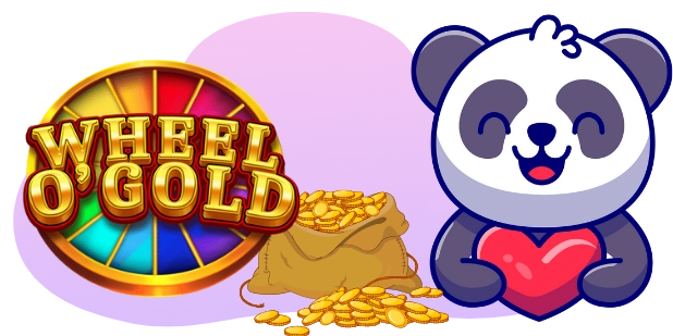 A cartoon panda holding a red heart stands next to a "WHEEL O' GOLD" logo and a bag overflowing with gold coins, all against a purple background.