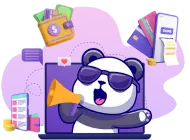 A cartoon panda wearing sunglasses shouts into a megaphone, surrounded by floating icons of a wallet with money, credit cards, a phone with a receipt, and chat bubbles on a purple background.
