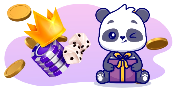 A winking panda bear holds a gift box, next to a crown, dice, poker chips, and scattered gold coins.