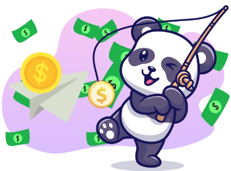 A playful cartoon panda fishes with a dollar-sign coin as bait, amidst a shower of dollar bills and a paper airplane, all against a purple-swirled background.