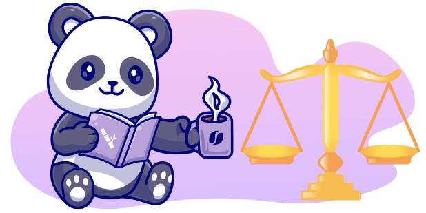 A cartoon panda sits and reads a book while holding a steaming coffee cup, next to a golden scale of justice, against a gray background with purple swirls.