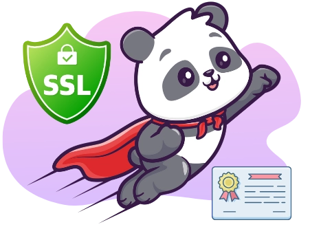 A cartoon panda bear wearing a red cape flies next to a green shield with a padlock and the letters