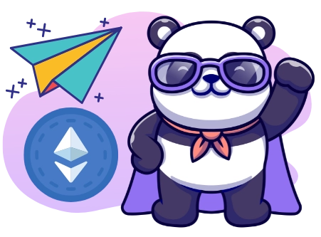 A cartoon panda bear wearing sunglasses and a cape waves next to a paper airplane and the Ethereum logo.