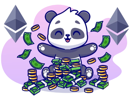 A cartoon panda bear sits amidst stacks of cash and coins, with Ethereum logos in the background.