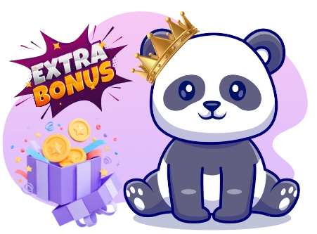A cartoon panda bear wearing a gold crown sits next to an open gift box with gold coins and the words