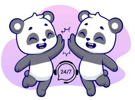 Two cartoon panda bears give each other a high-five, with a speech bubble showing headphones and the text
