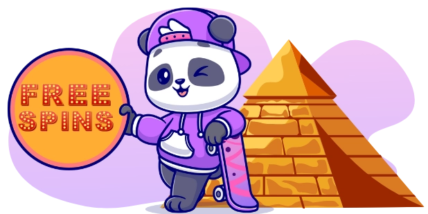 A cartoon image shows a winking panda bear wearing a purple hoodie and cap, holding a skateboard and a FREE SPINS sign, next to a pyramid.