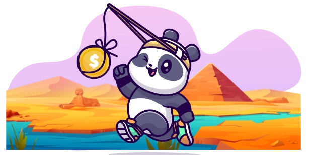 A cartoon image shows a panda bear running with a fishing rod, dangling a coin with a dollar sign, in a desert landscape with a pyramid and a sphinx in the background.