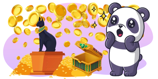 A cartoon image shows a surprised panda bear next to an open treasure chest, a pile of gold coins, and a statue of a black cat with a golden collar, with more gold coins falling from above.