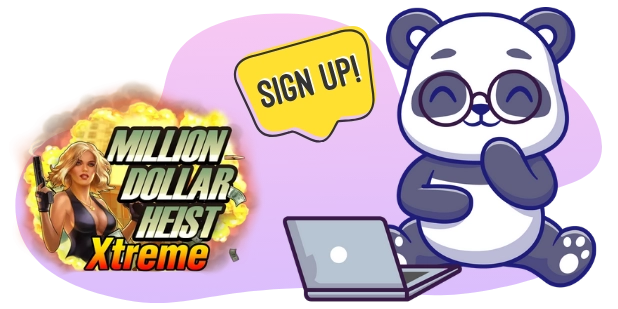 A digital graphic features a cartoon panda with glasses sitting at a laptop, a fiery logo for Million Dollar Heist Xtreme with a woman holding a gun, and a SIGN UP! speech bubble, all against a gray background with abstract purple shapes.