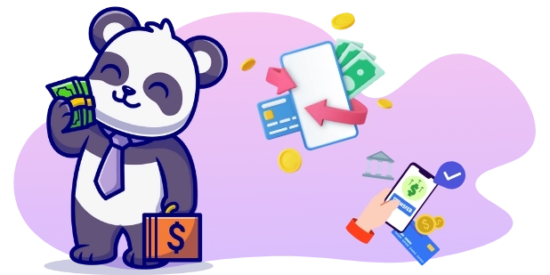 A digital illustration depicts a cartoon panda holding cash and a briefcase with a dollar sign, while a smartphone displays a successful money transfer with a checkmark and credit card, all against a gray background with abstract purple shapes.