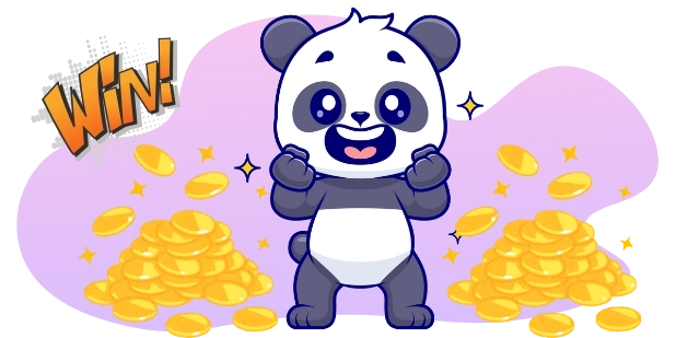 A digital illustration shows a cartoon panda celebrating with clenched fists and a Win! graphic, surrounded by piles of gold coins and sparkling stars, all against a gray background with abstract purple shapes.
