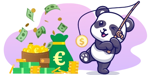 A digital illustration depicts a cartoon panda fishing with a dollar-sign coin on a string, while a green bag with a euro symbol spills money and gold coins, all against a gray background with abstract purple shapes.