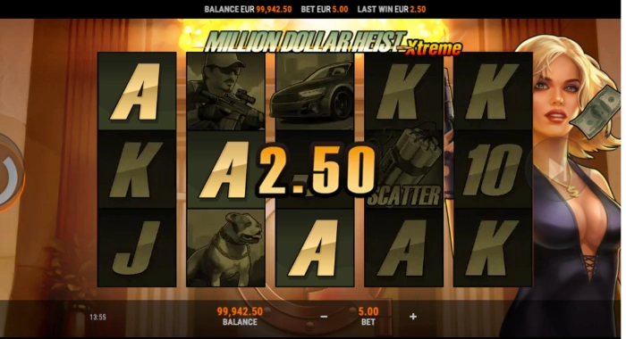 A digital slot machine game interface titled Million Dollar Heist Xtreme with spinning reels, a blonde woman holding cash, and displayed balances and bet amounts.