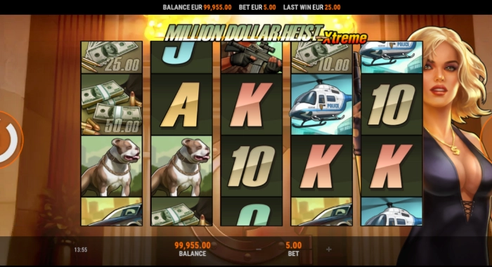 A digital slot machine game interface titled Million Dollar Heist Xtreme features spinning reels with symbols including cash, dogs, helicopters, and playing cards, alongside a blonde woman and game balance information.
